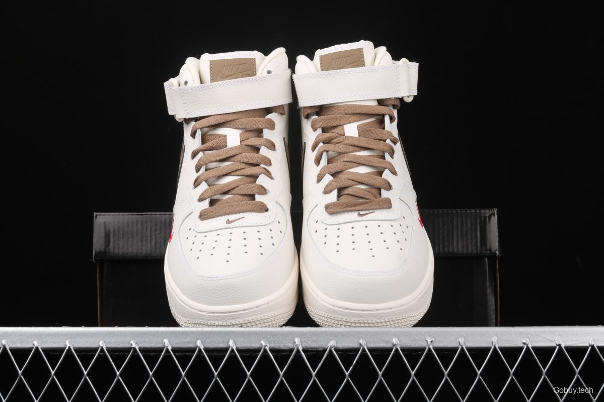 NIKE Air Force 1 Mid milky white light brown hook high top casual board shoes 808788-998