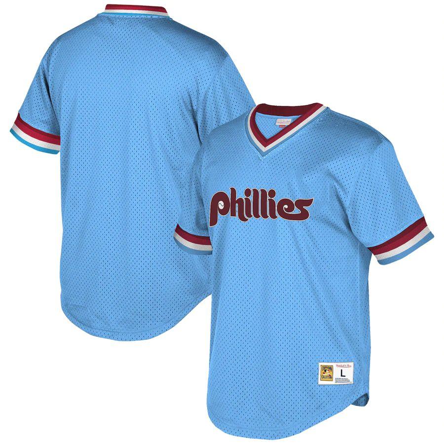 Men's Light Blue Cooperstown Collection Mesh Wordmark V-Neck Throwback Jersey