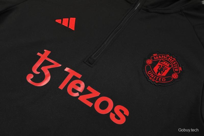 23/24 Manchester United Black Hoodie Half Zipper Jacket+ Pants