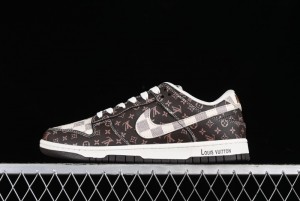 Nike SB Dunk Low LV Collaboration - Checkerboard Brown Monogram White Swoosh Anniversary High-End Custom Low-Top Casual Skate Shoes - SJ2068-255