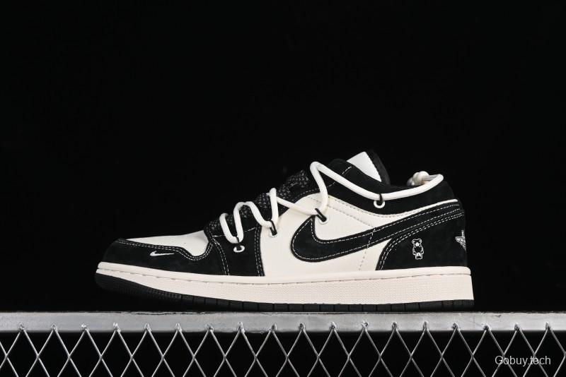 Nike Air Jordan 1 Low AJ1 x Violent Bear Collaboration - Black Beige Mark Line Custom Retro Basketball Shoes - SJ9950-013