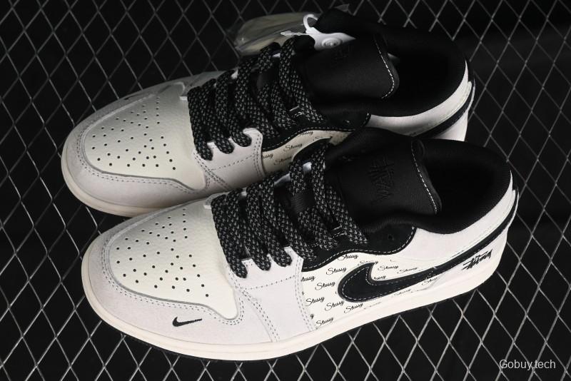 Nike Air Jordan 1 Low Stussy Collaboration - Silver Trim Black Swoosh Retro Basketball Shoes - SJ9950-026