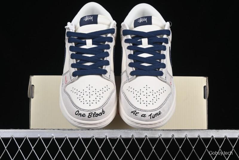 Nike SB Dunk Low Stussy Collaboration Embroidered Navy Swoosh Anniversary Custom Low-Top Casual Sneakers - MM1089-032