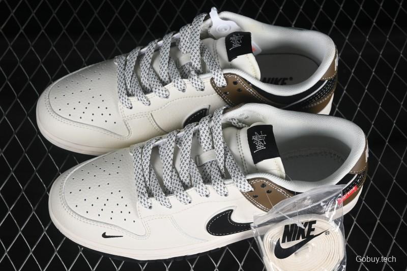 Nike SB Dunk Low Supreme Stussy Collaboration Beige Double Mini Swoosh Anniversary High-End Custom Low-Top Casual Skate Shoes - XS6089-502