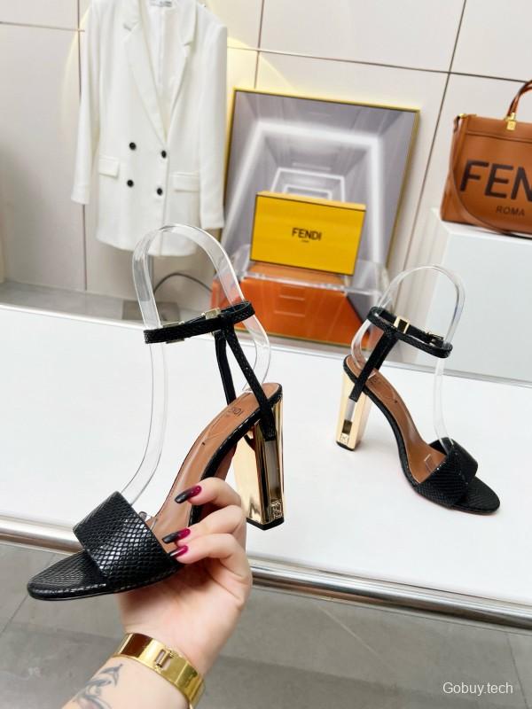 2025 Women Fendi Black Leather High Heel Sandals MJ00251