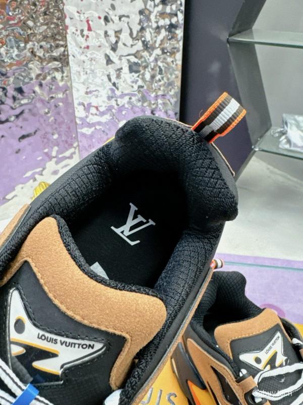2025 Men Louis Vuitton Brown White Black Mesh Leather Sneakers MJ00420