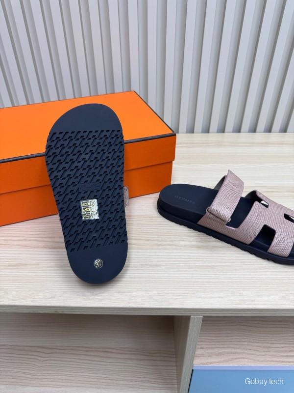 2025 Women Hermès Beige Black Leather Slippers