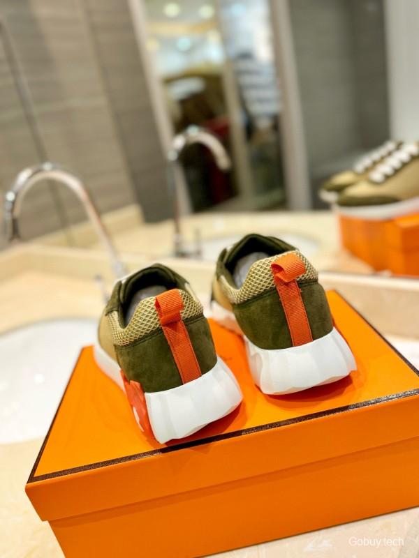 2024 Unisex Hermès Khaki Beige Suede Mesh Sneakers MJ00320