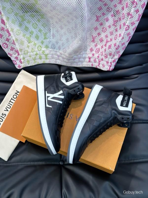 2024 Men Louis Vuitton Black White Leather High-Top Sneakers MJ00420