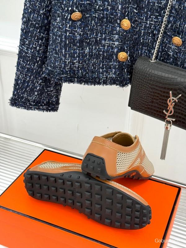 2025 Women Hermès Beige Brown Leather Mesh Casual Shoes