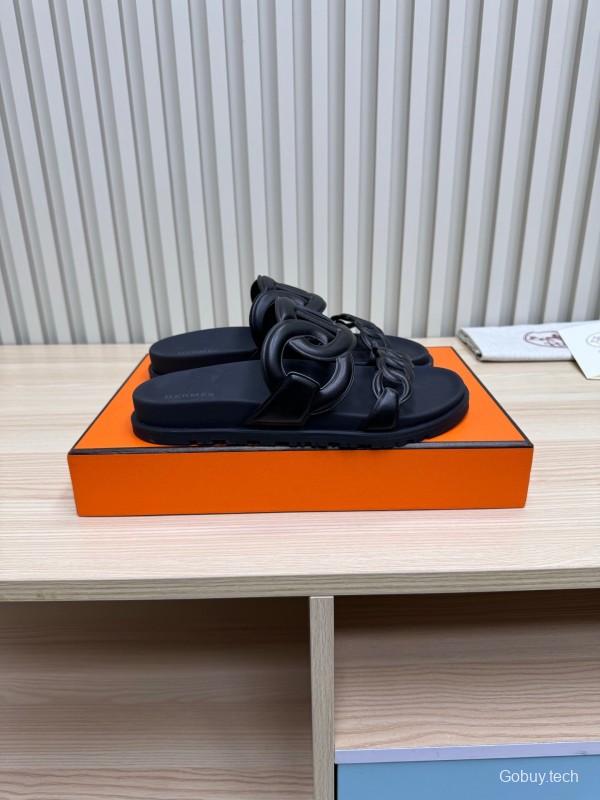 2025 Slippers Hermès Black Leather Slippers