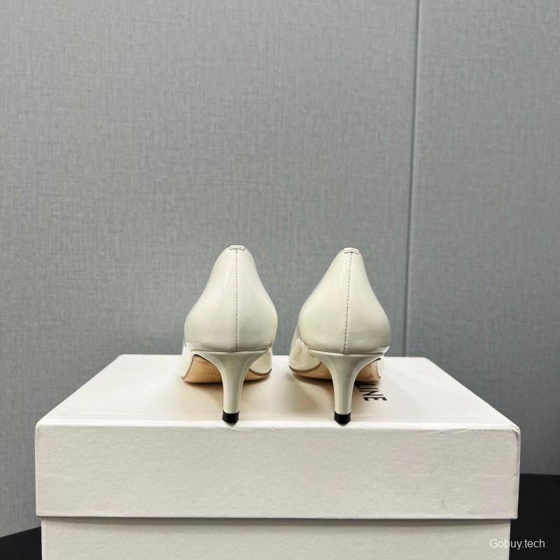 2025 Women Celine White Leather Pointed Toe Kitten Heel KFY00290