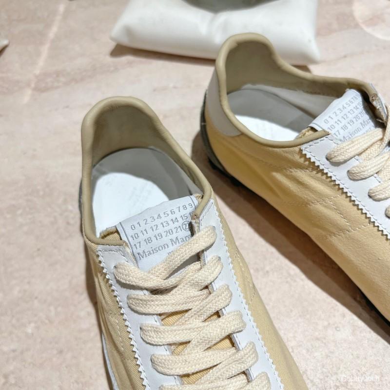 2025 Unisex MM6 Maison Margiela Beige White Nylon Suede Sneakers Distressed KFY00290
