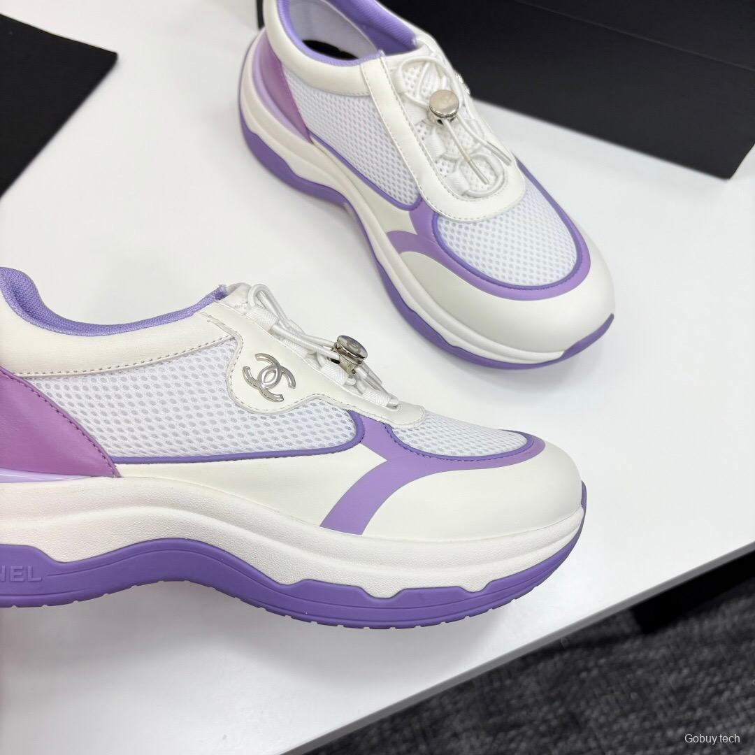 2025 Women Chanel White And Purple Leather And Mesh Casual Sneakers Chunky Sole Classic Logo LY00360(F)