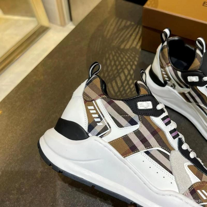 2025 Unisex Burberry Brown White Black Cotton Calfskin Suede Sneakers Check MJ00380(W/M)