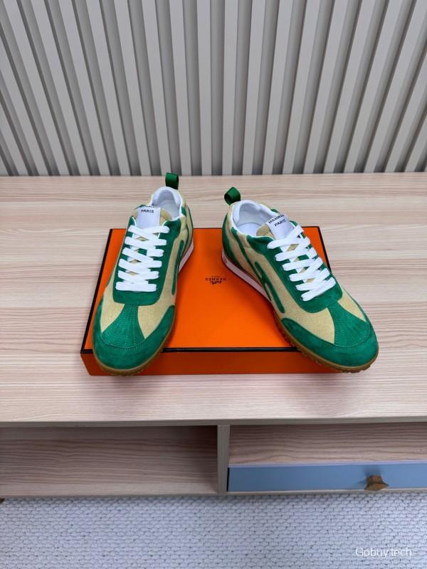 2025 Unisex Hermès Green Beige Suede Down Fabric Sneakers Top Version KFY00300