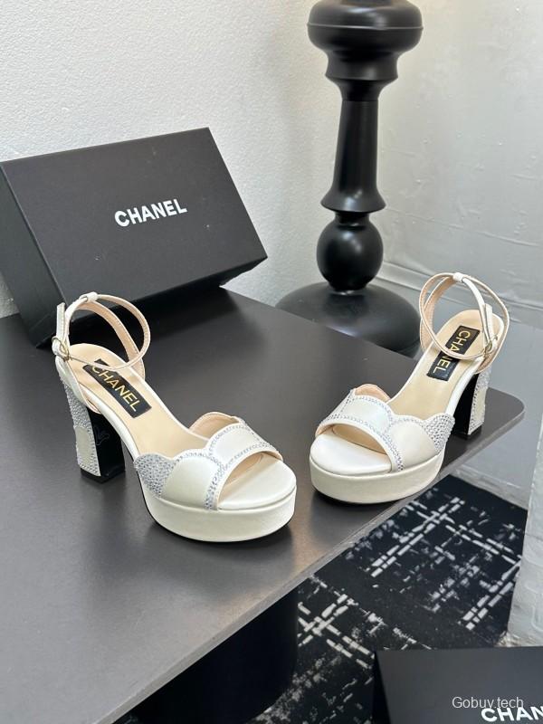 2025 Women Chanel White Leather Platform Sandals Beaded LY00320