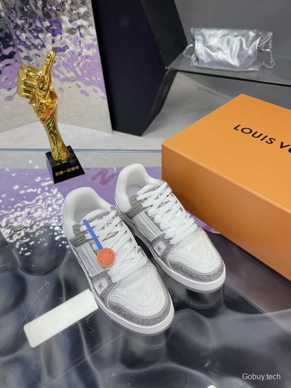 2025 Unisex Louis Vuitton White Silver Leather Fabric Plimsolls Handcrafted Crystals AS00400